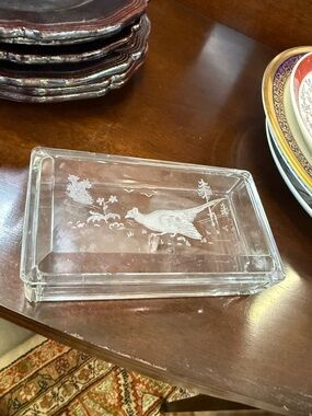 Vintage Crystal Cigarette Box Etched BirdsTrinket  Signed Val St Lambert
